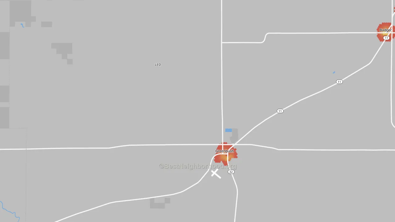 Walk Grade map of Greenbush, MN, walkable areas in green and car-dependent areas in red