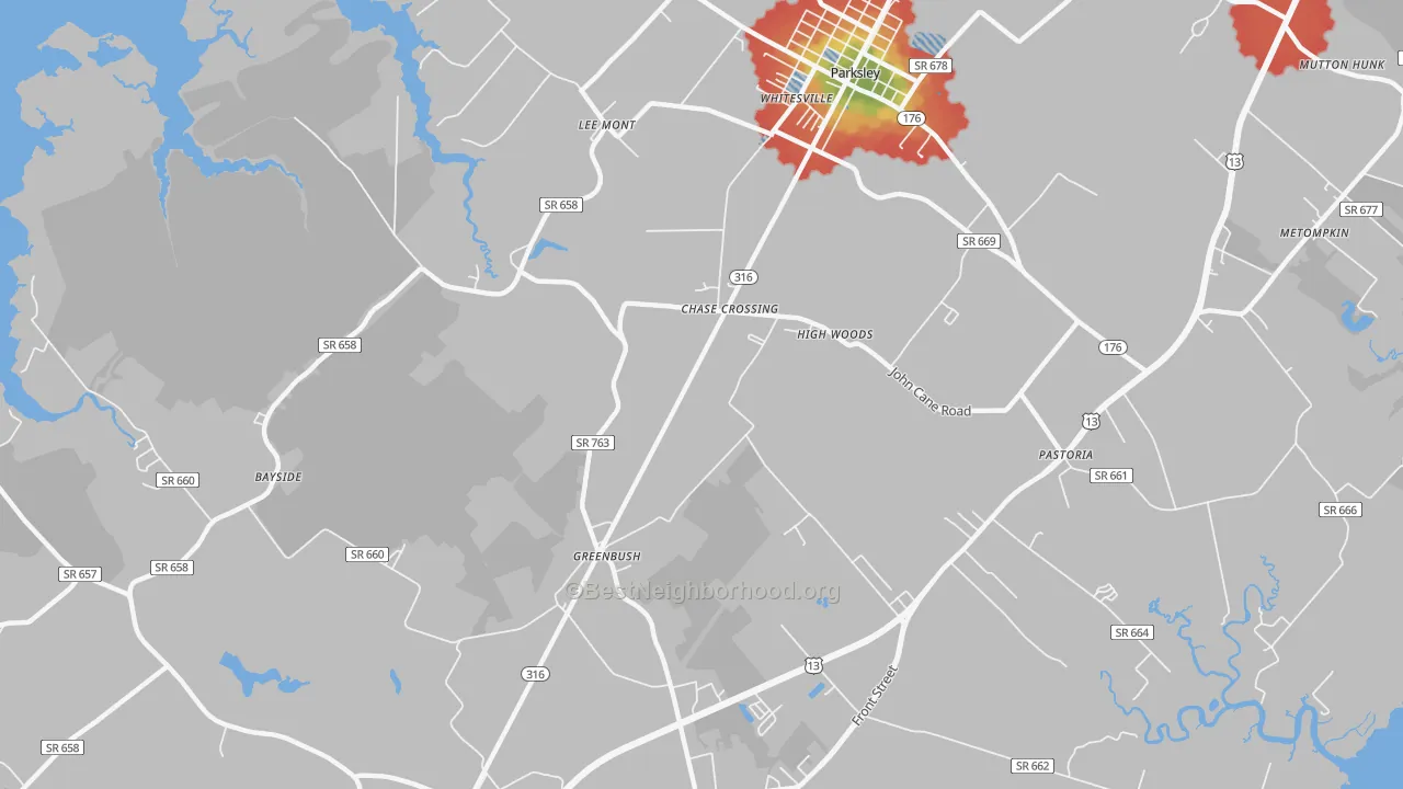 Walk Grade map of Greenbush, VA, walkable areas in green and car-dependent areas in red