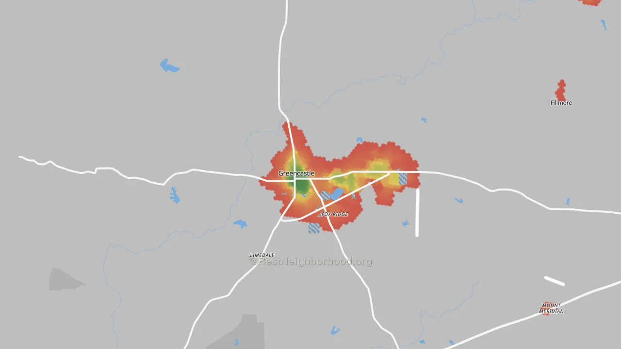 Walk Grade map of Greencastle, IN, walkable areas in green and car-dependent areas in red