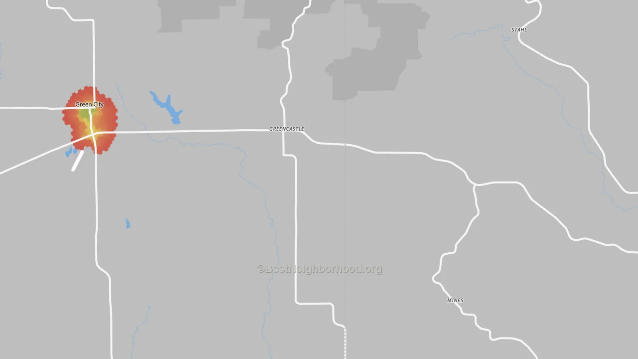 Walk Grade map of Greencastle, MO, walkable areas in green and car-dependent areas in red