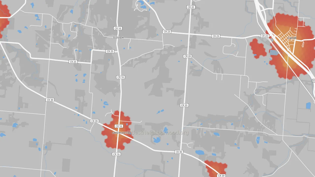 Walk Grade map of Greencastle, OH, walkable areas in green and car-dependent areas in red