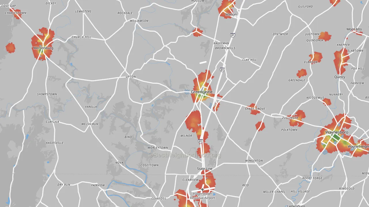 Walk Grade map of Greencastle, PA, walkable areas in green and car-dependent areas in red