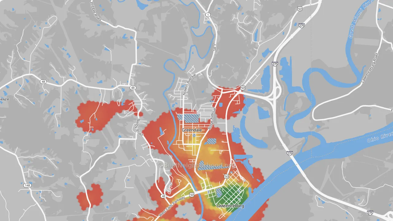 Walk Grade map of Greendale, IN, walkable areas in green and car-dependent areas in red