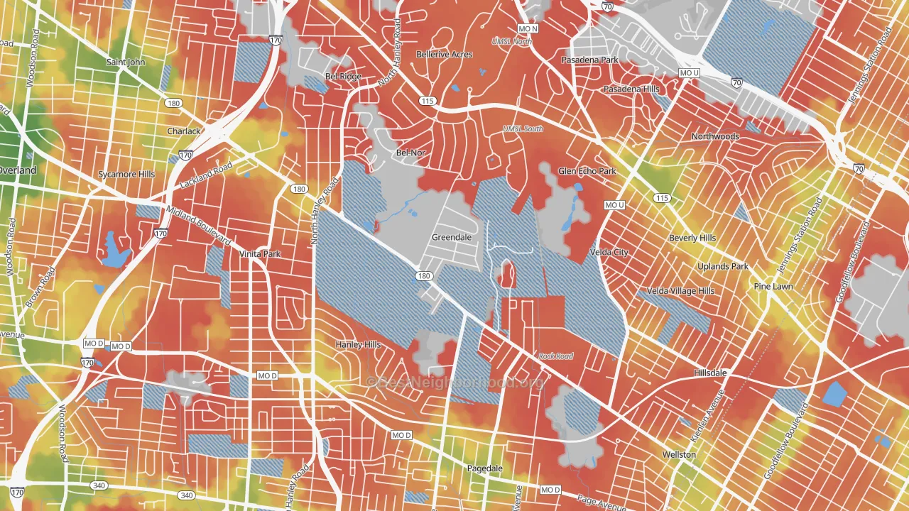Walk Grade map of Greendale, MO, walkable areas in green and car-dependent areas in red