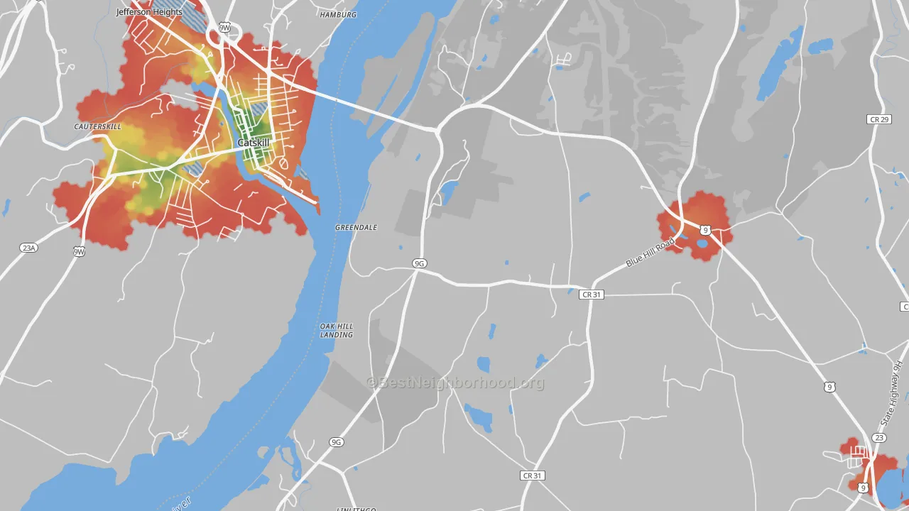 Walk Grade map of Greendale, NY, walkable areas in green and car-dependent areas in red