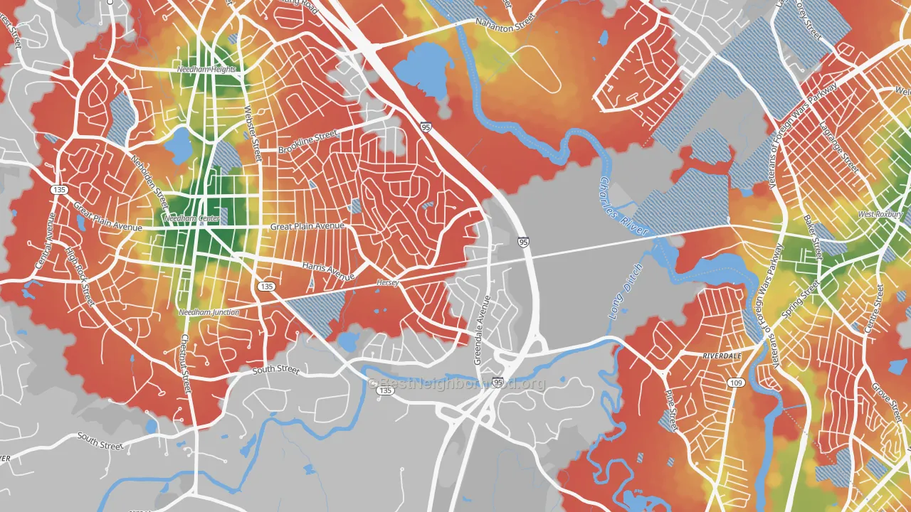 Walk Grade map of Greendale Village, Needham, MA, walkable areas in green and car-dependent areas in red