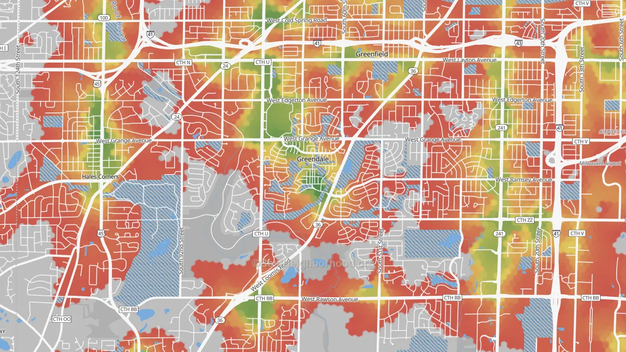Walk Grade map of Greendale, WI, walkable areas in green and car-dependent areas in red