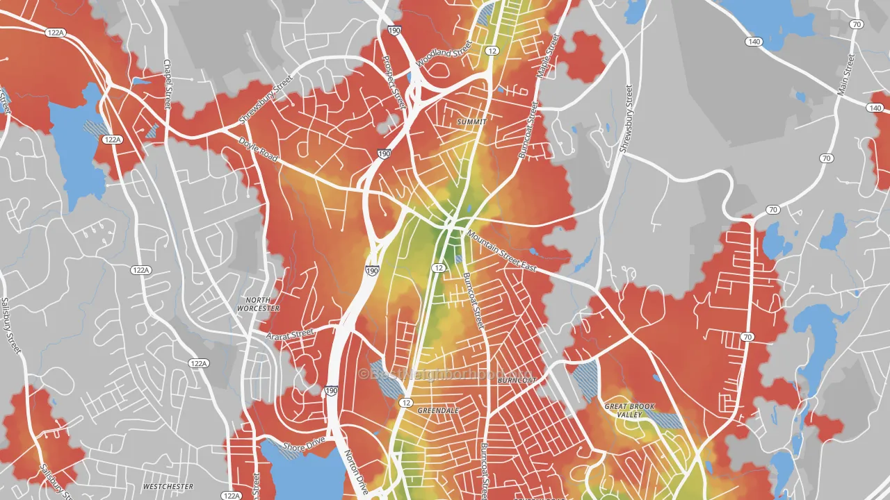 Walk Grade map of Greendale, Worcester, MA, walkable areas in green and car-dependent areas in red