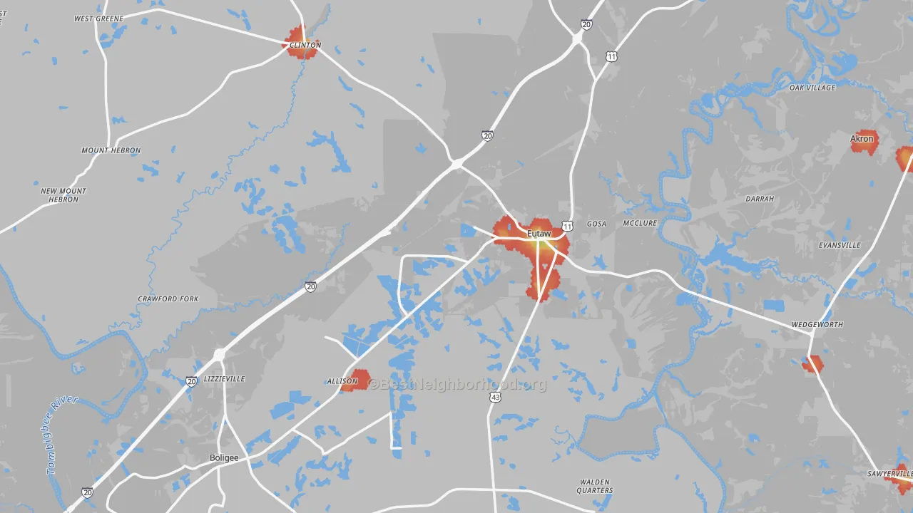 Walk Grade map of Greene County, AL, walkable areas in green and car-dependent areas in red