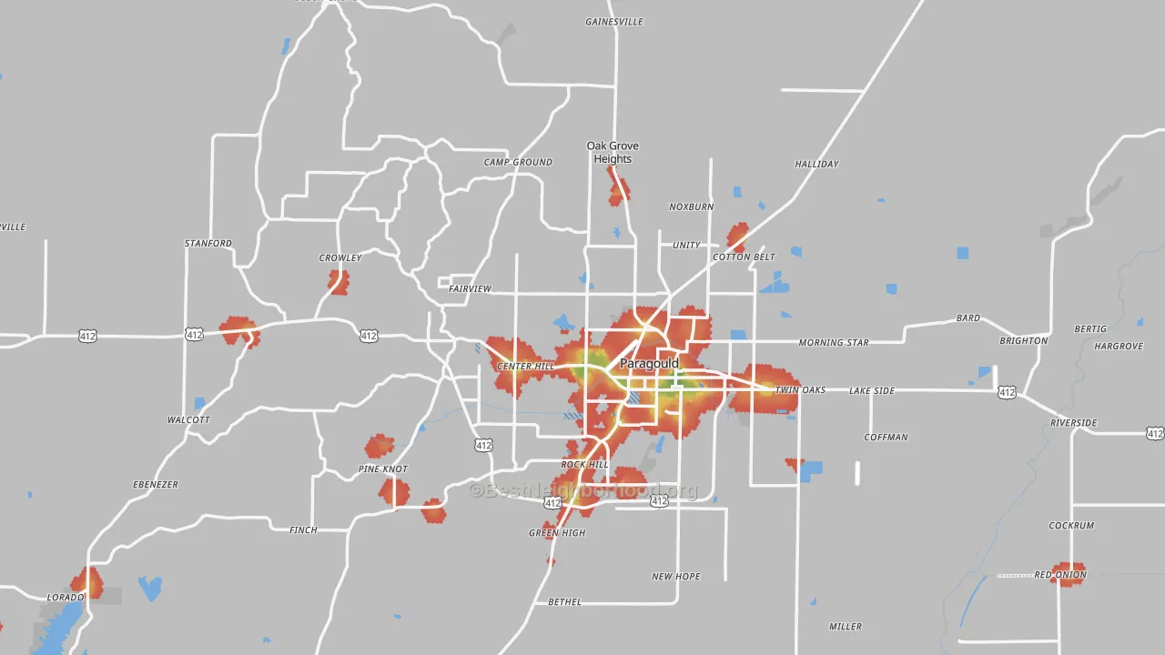 Walk Grade map of Greene County, AR, walkable areas in green and car-dependent areas in red