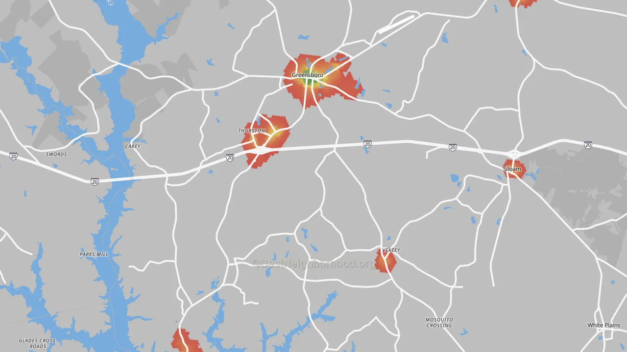 Walk Grade map of Greene County, GA, walkable areas in green and car-dependent areas in red