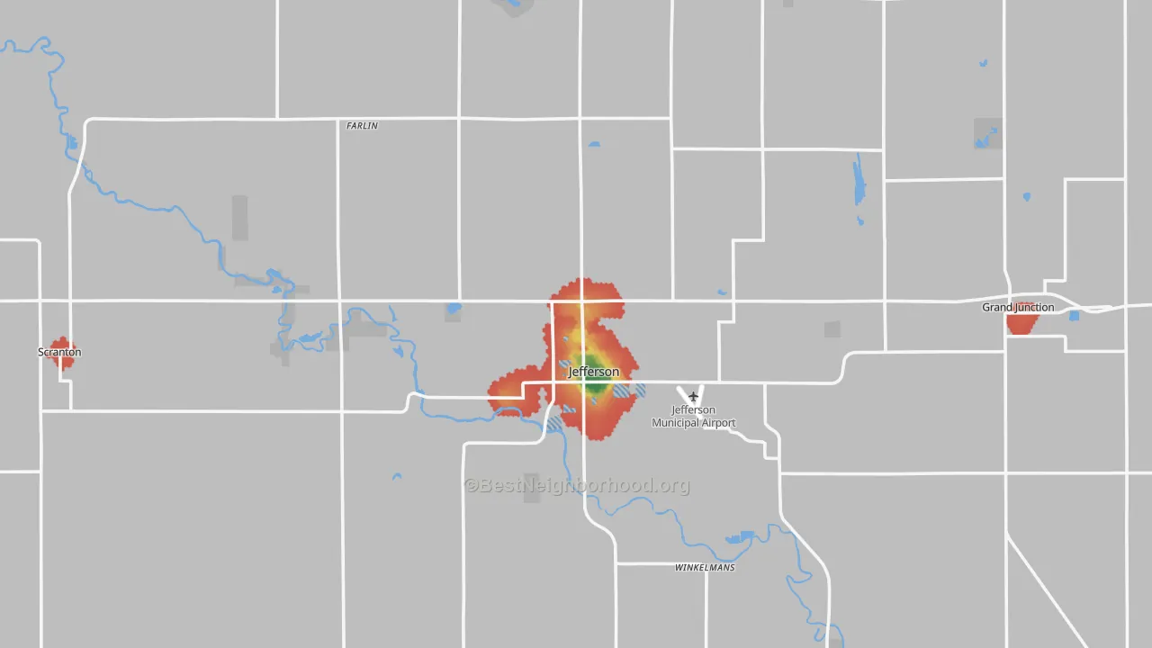 Walk Grade map of Greene County, IA, walkable areas in green and car-dependent areas in red