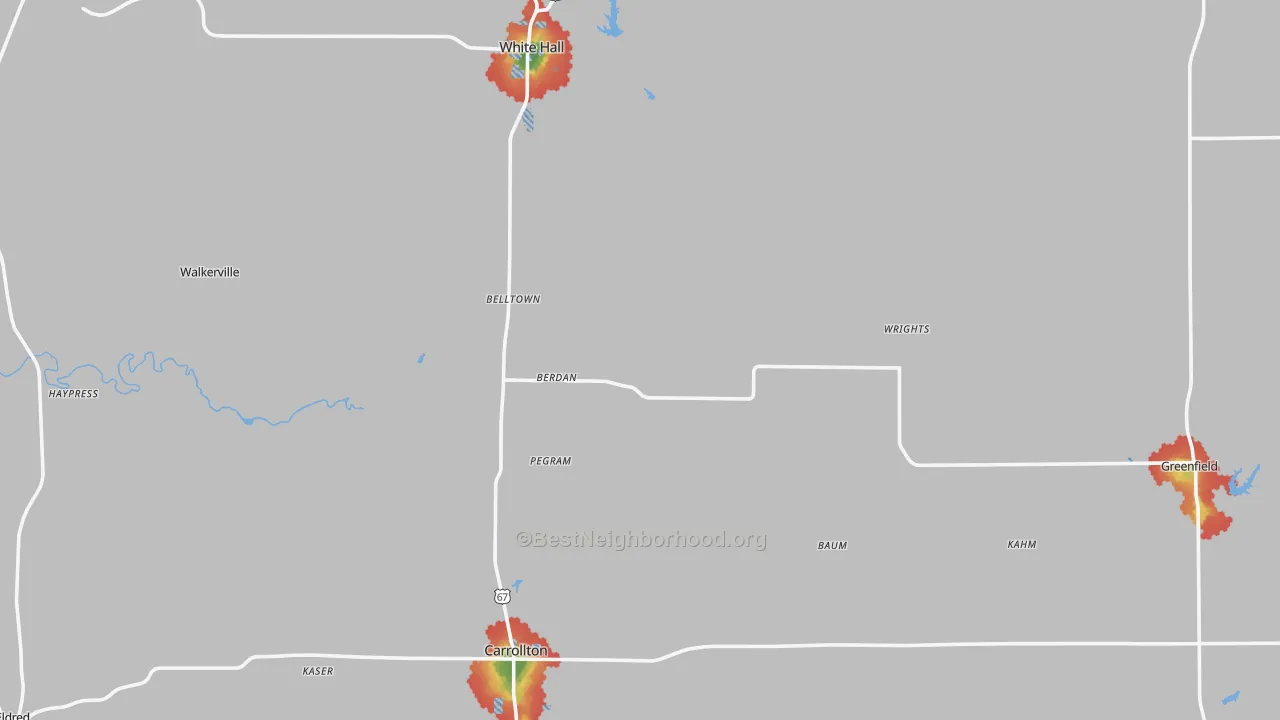 Walk Grade map of Greene County, IL, walkable areas in green and car-dependent areas in red
