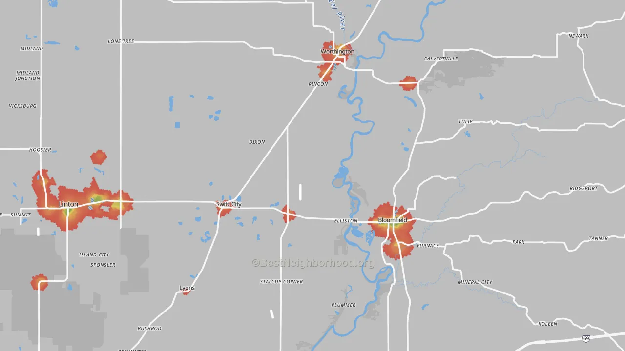 Walk Grade map of Greene County, IN, walkable areas in green and car-dependent areas in red