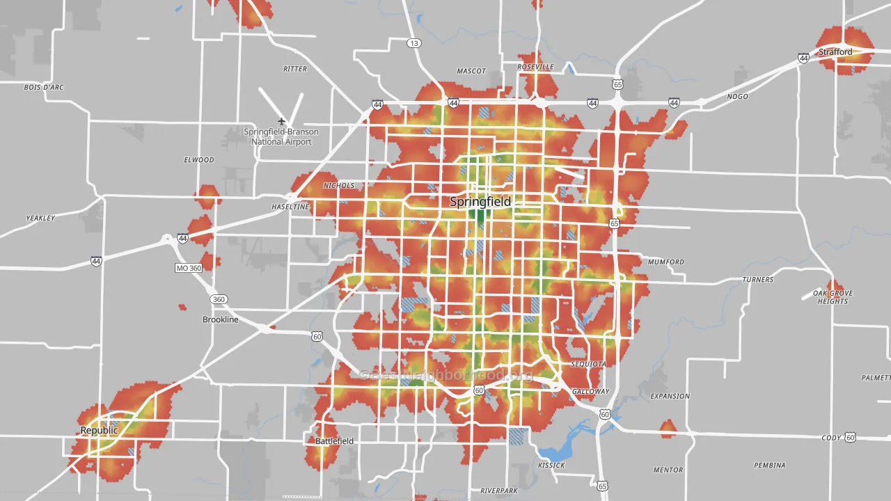 Walk Grade map of Greene County, MO, walkable areas in green and car-dependent areas in red