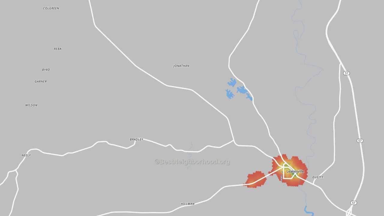 Walk Grade map of Greene County, MS, walkable areas in green and car-dependent areas in red