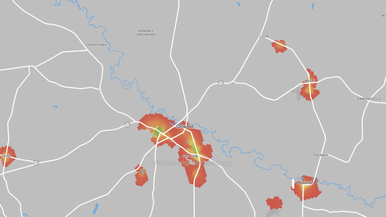 Walk Grade map of Greene County, NC, walkable areas in green and car-dependent areas in red