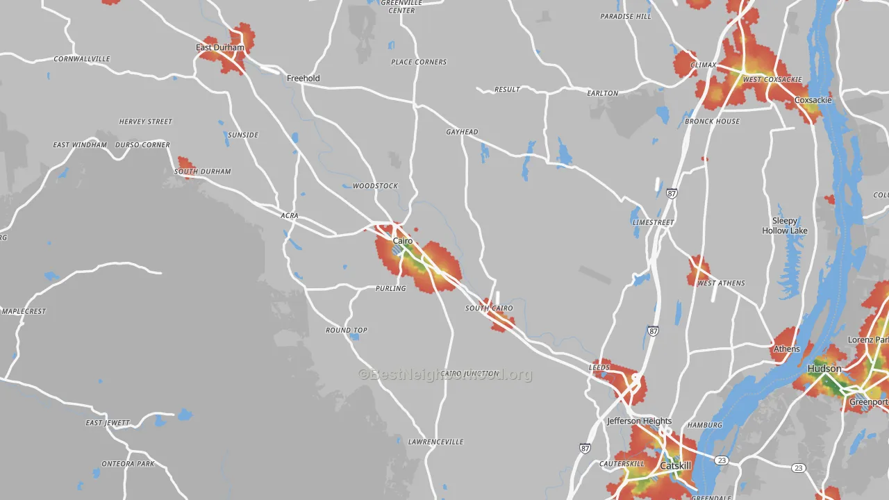 Walk Grade map of Greene County, NY, walkable areas in green and car-dependent areas in red