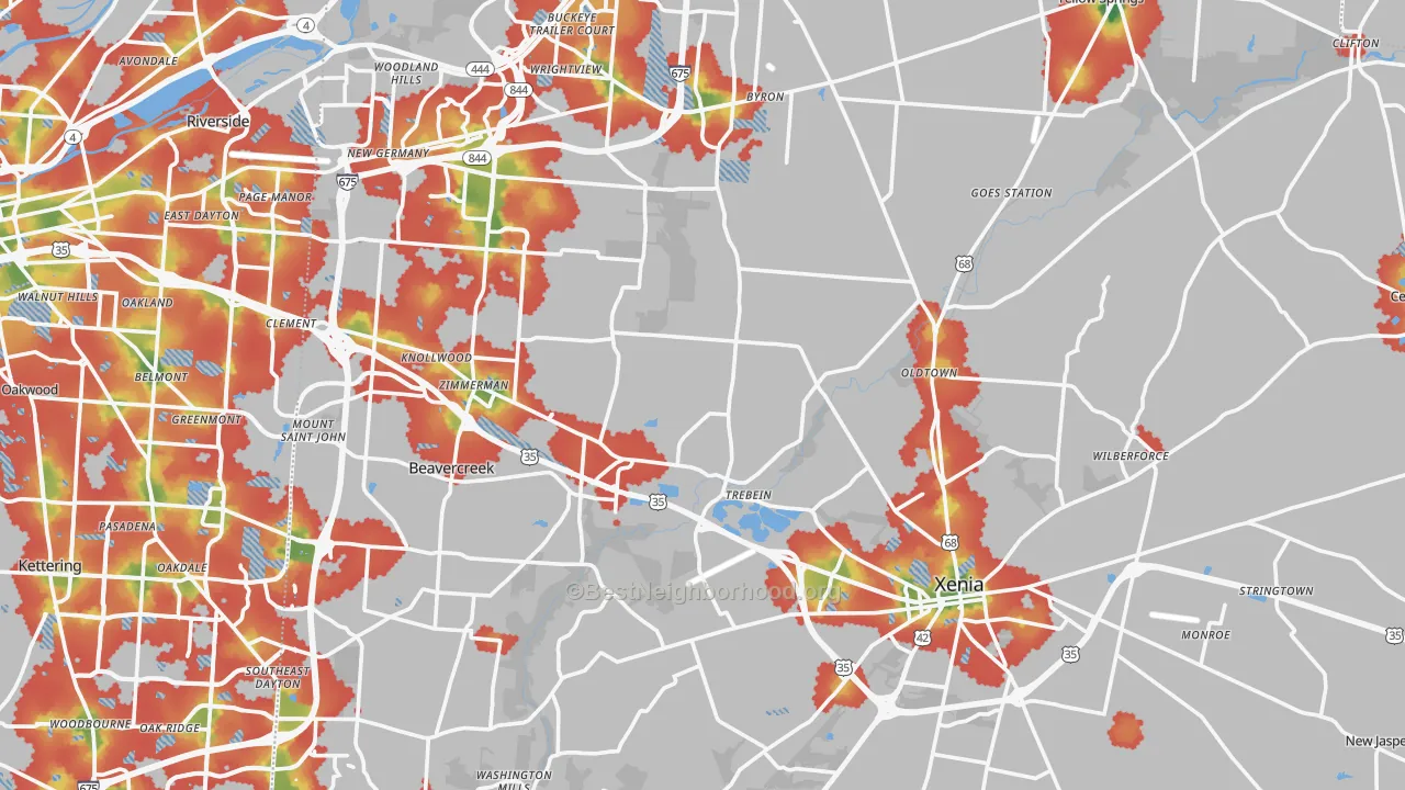Walk Grade map of Greene County, OH, walkable areas in green and car-dependent areas in red