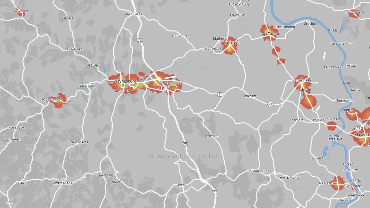 Walk Grade map of Greene County, PA, walkable areas in green and car-dependent areas in red