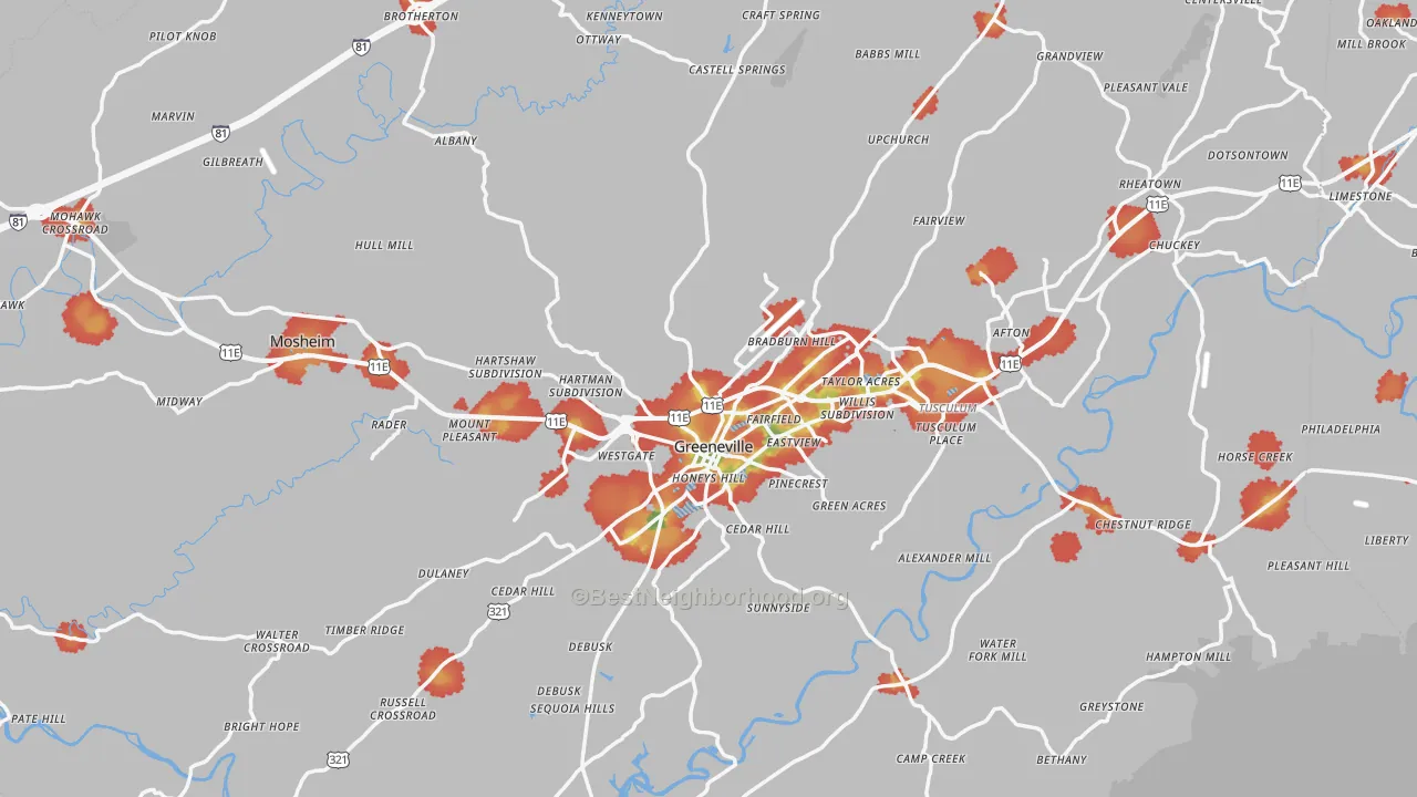 Walk Grade map of Greene County, TN, walkable areas in green and car-dependent areas in red