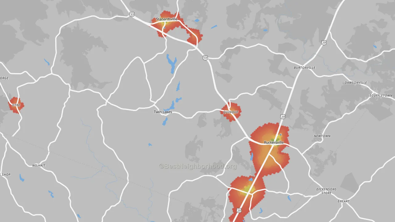 Walk Grade map of Greene County, VA, walkable areas in green and car-dependent areas in red
