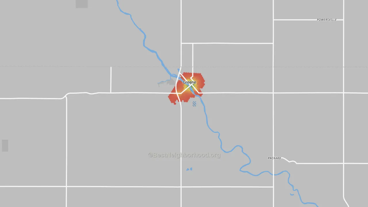 Walk Grade map of Greene, IA, walkable areas in green and car-dependent areas in red