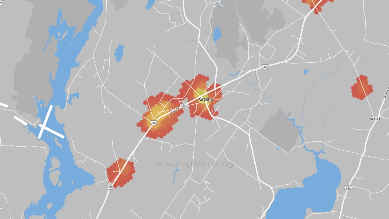 Walk Grade map of Greene, ME, walkable areas in green and car-dependent areas in red