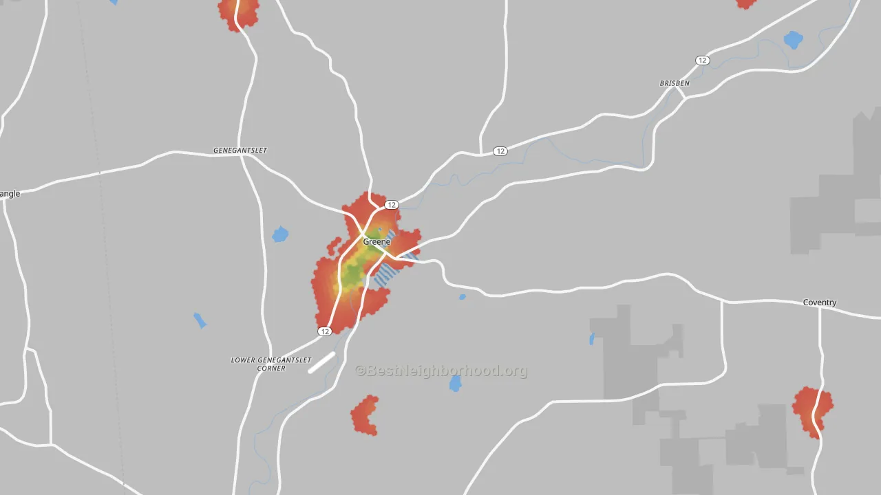 Walk Grade map of Greene, NY, walkable areas in green and car-dependent areas in red