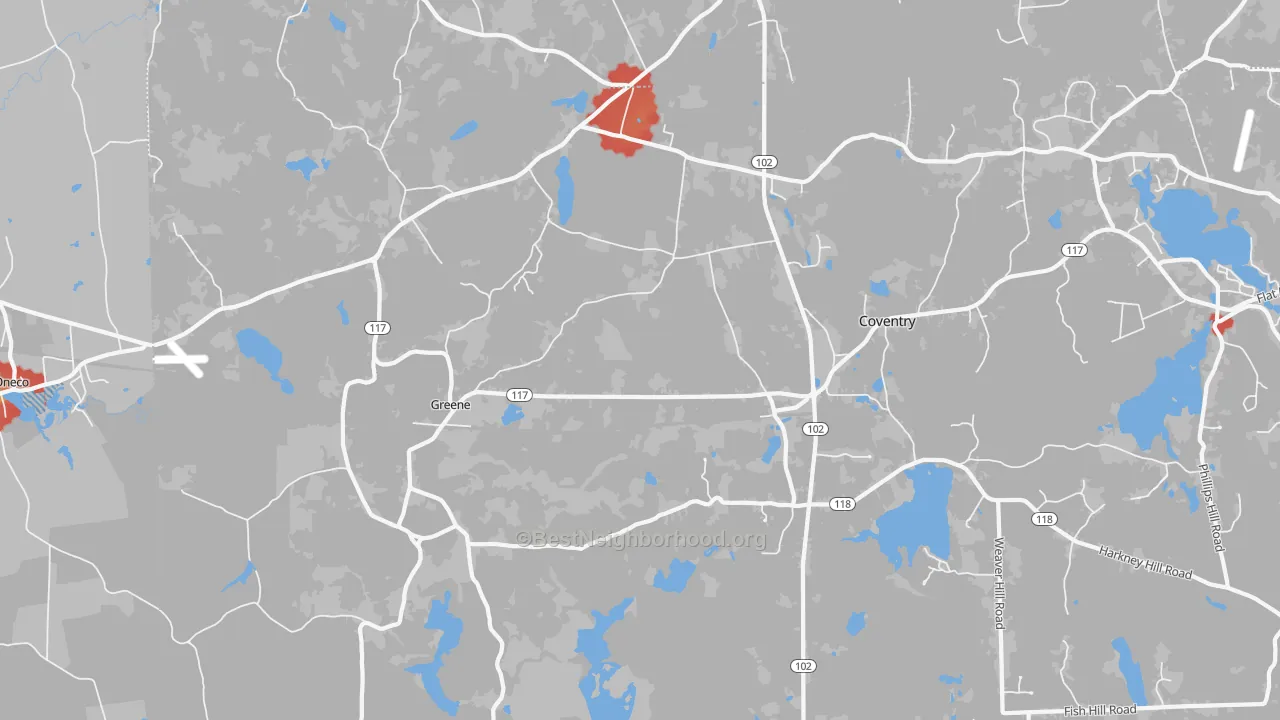 Walk Grade map of Greene, RI, walkable areas in green and car-dependent areas in red