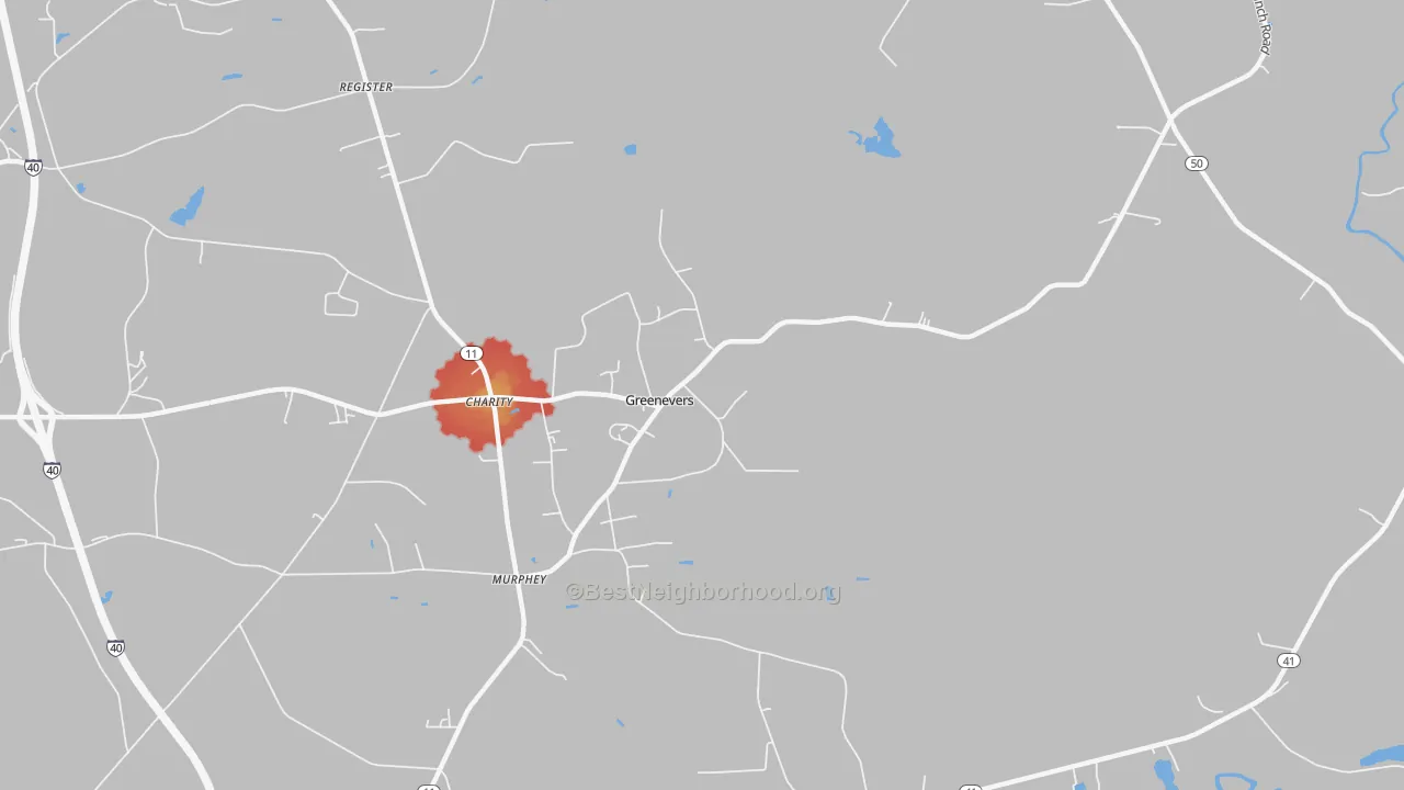 Walk Grade map of Greenevers, NC, walkable areas in green and car-dependent areas in red
