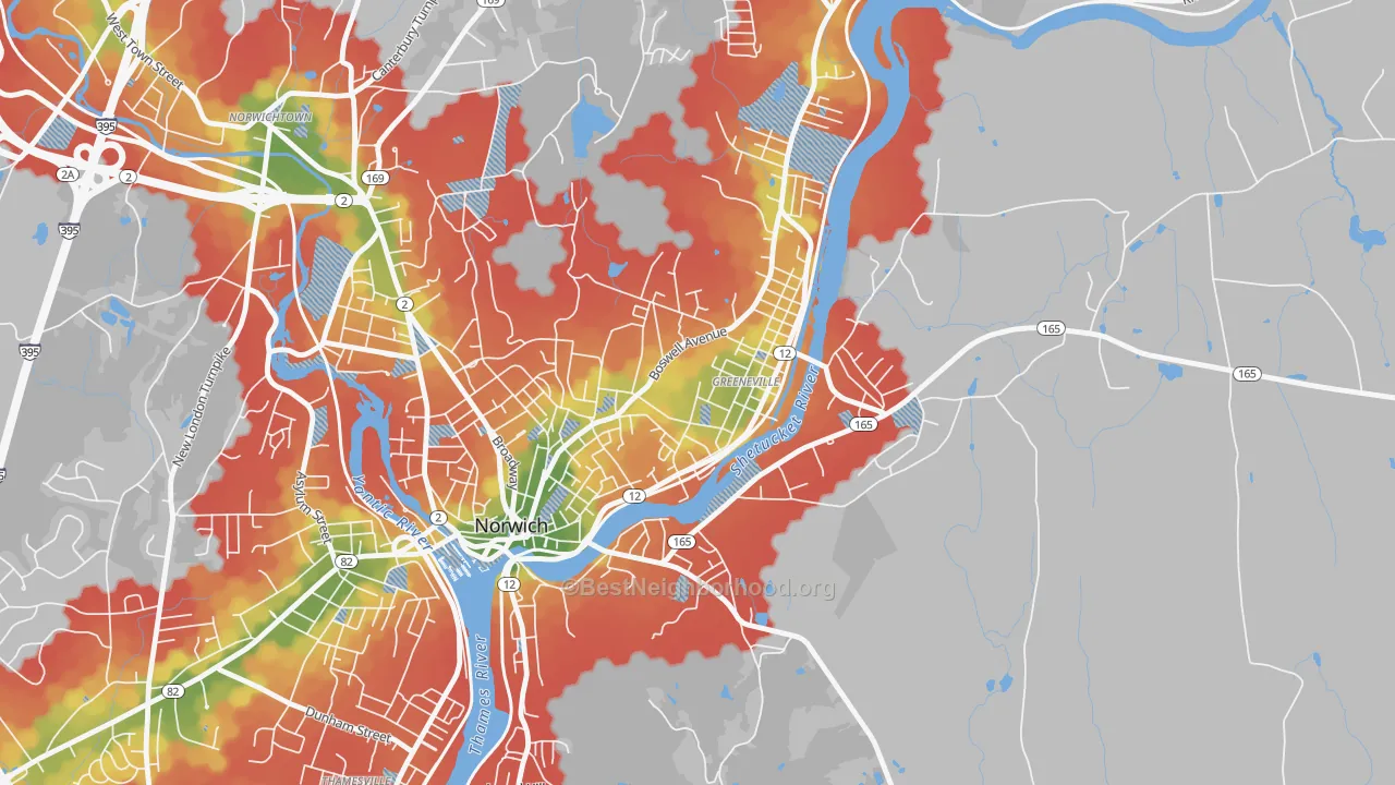 Walk Grade map of Greeneville Historic District, Norwich, CT, walkable areas in green and car-dependent areas in red