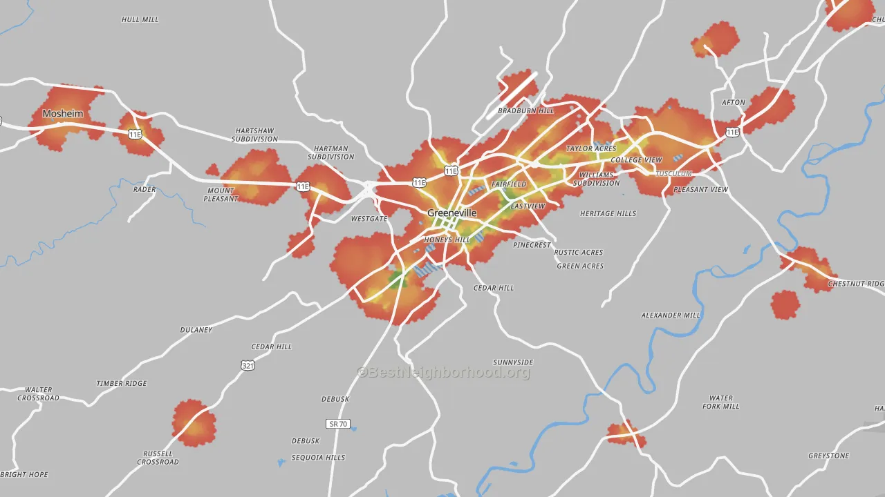 Walk Grade map of Greeneville, TN, walkable areas in green and car-dependent areas in red