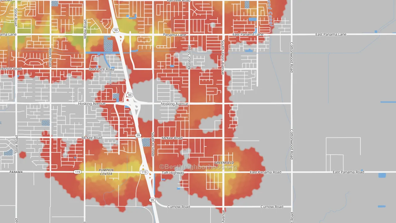 Walk Grade map of Greenfield, Bakersfield, CA, walkable areas in green and car-dependent areas in red