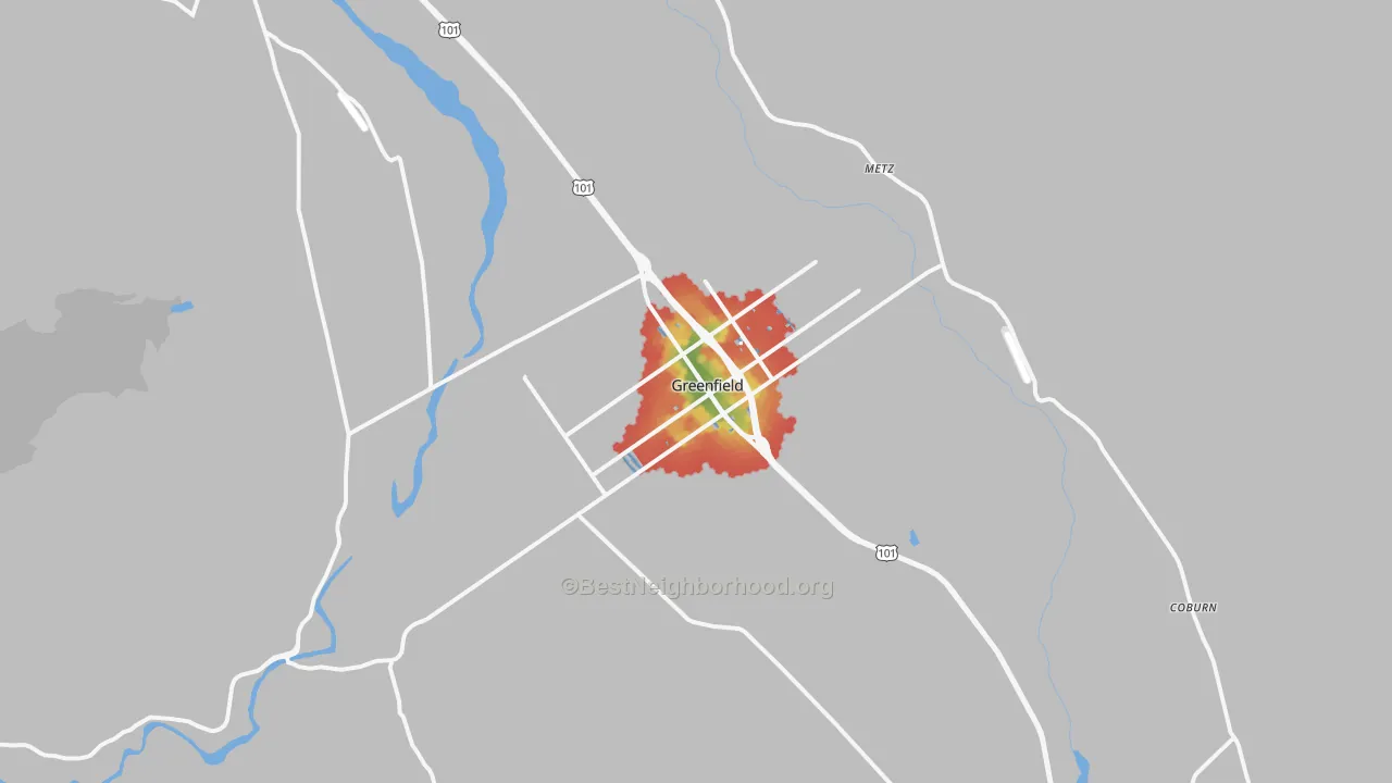 Walk Grade map of Greenfield, CA, walkable areas in green and car-dependent areas in red