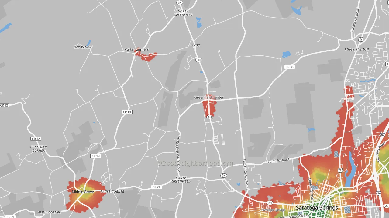 Walk Grade map of Greenfield Center, NY, walkable areas in green and car-dependent areas in red