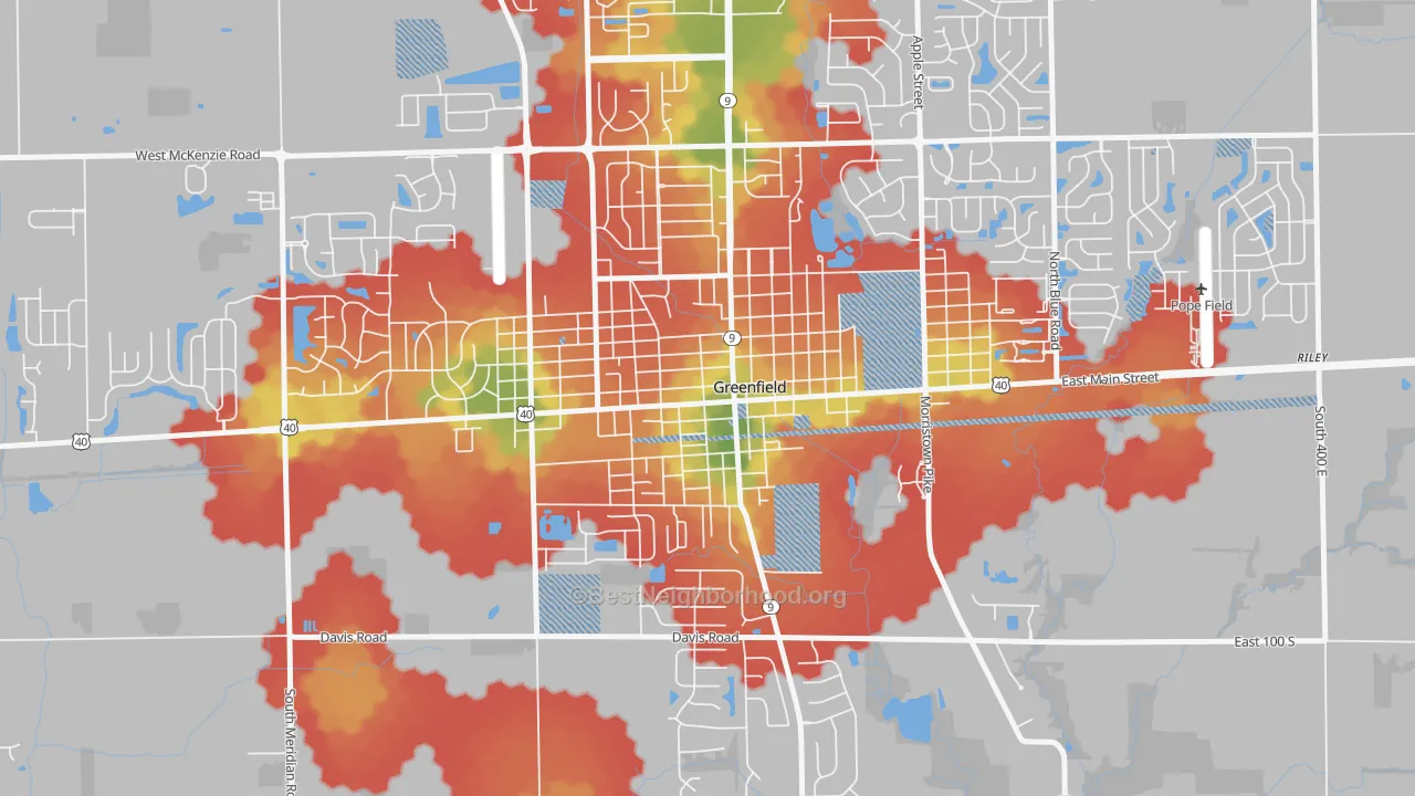 Walk Grade map of Greenfield Courthouse Square Historic District, Greenfield, , walkable areas in green and car-dependent areas in red
