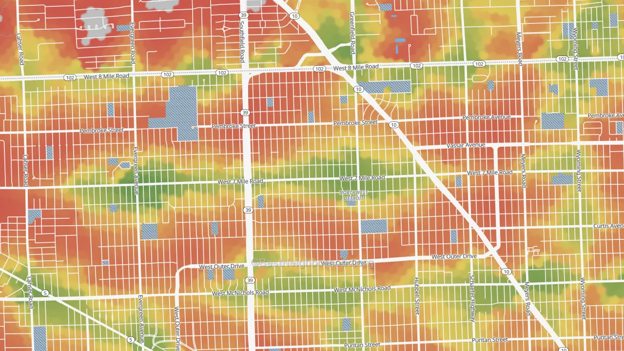 Walk Grade map of Greenfield, Detroit, MI, walkable areas in green and car-dependent areas in red
