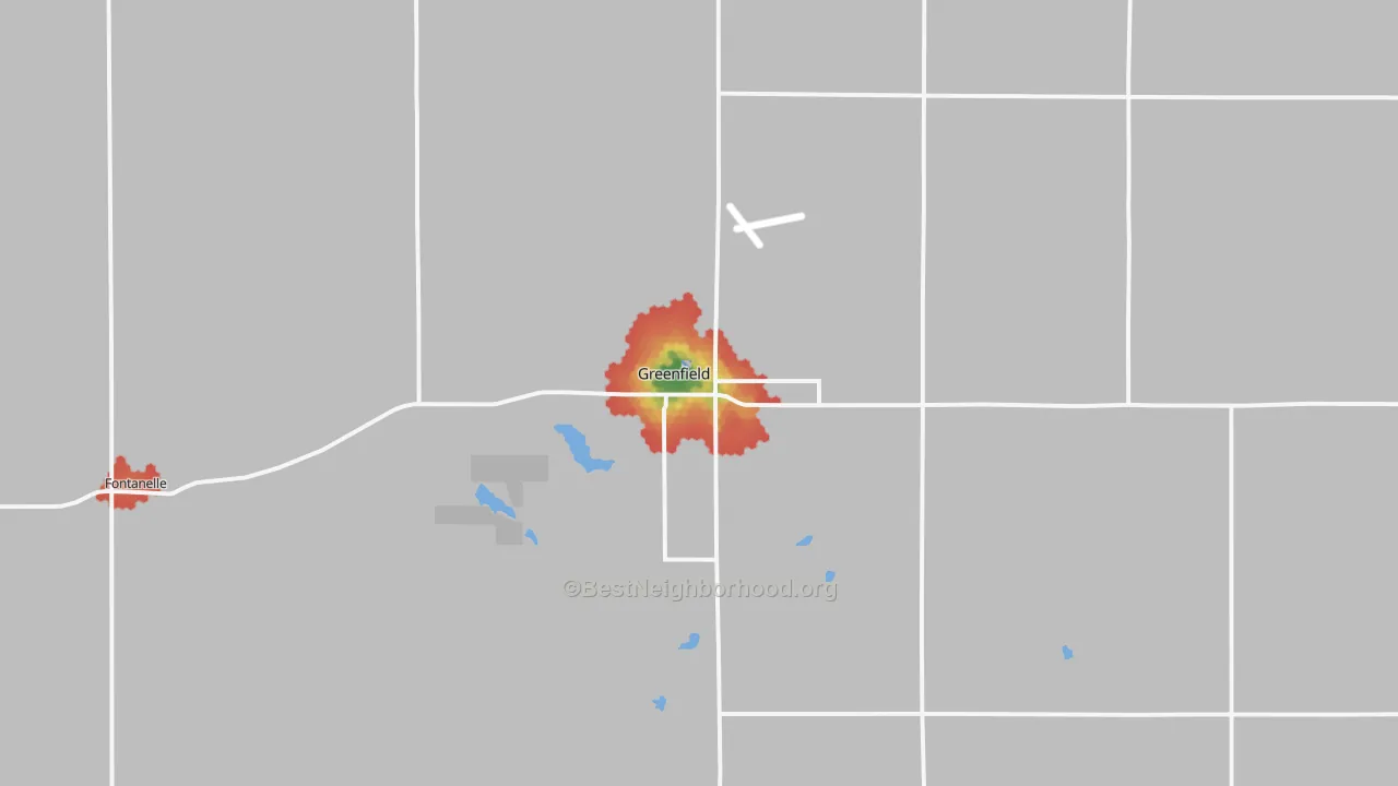Walk Grade map of Greenfield, IA, walkable areas in green and car-dependent areas in red