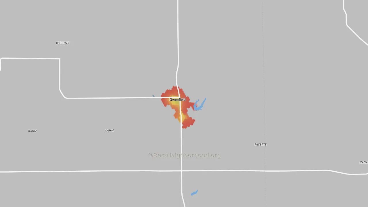 Walk Grade map of Greenfield, IL, walkable areas in green and car-dependent areas in red