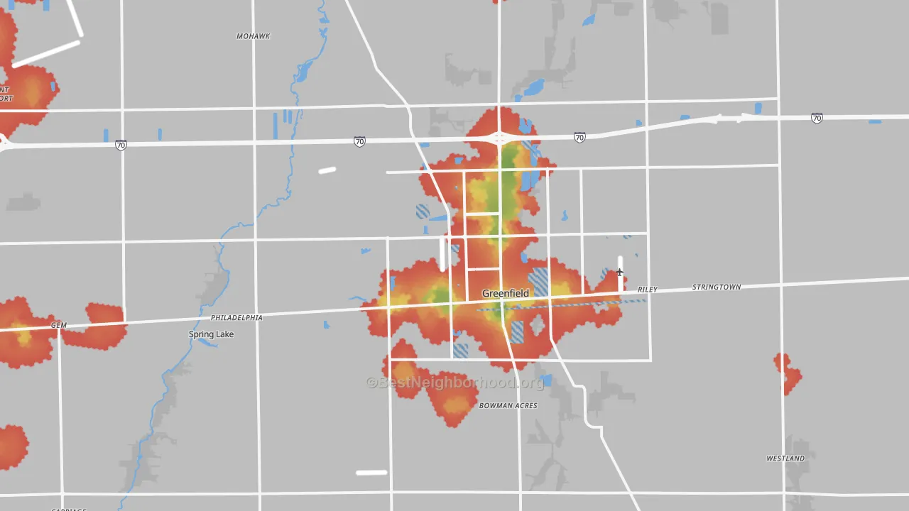 Walk Grade map of Greenfield, IN, walkable areas in green and car-dependent areas in red