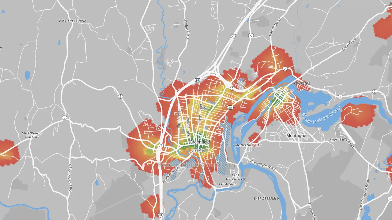 Walk Grade map of Greenfield, MA, walkable areas in green and car-dependent areas in red