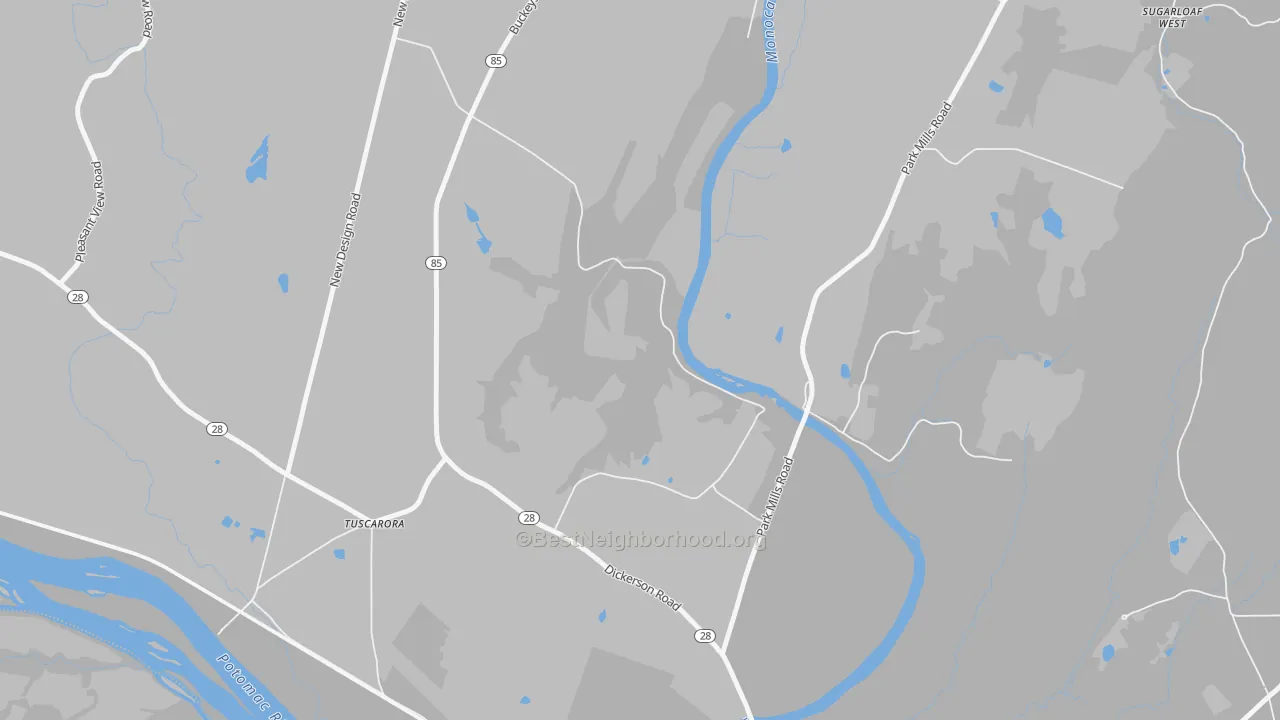 Walk Grade map of Greenfield Mills, MD, walkable areas in green and car-dependent areas in red