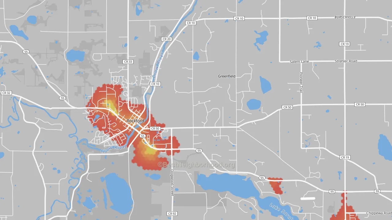 Walk Grade map of Greenfield, MN, walkable areas in green and car-dependent areas in red