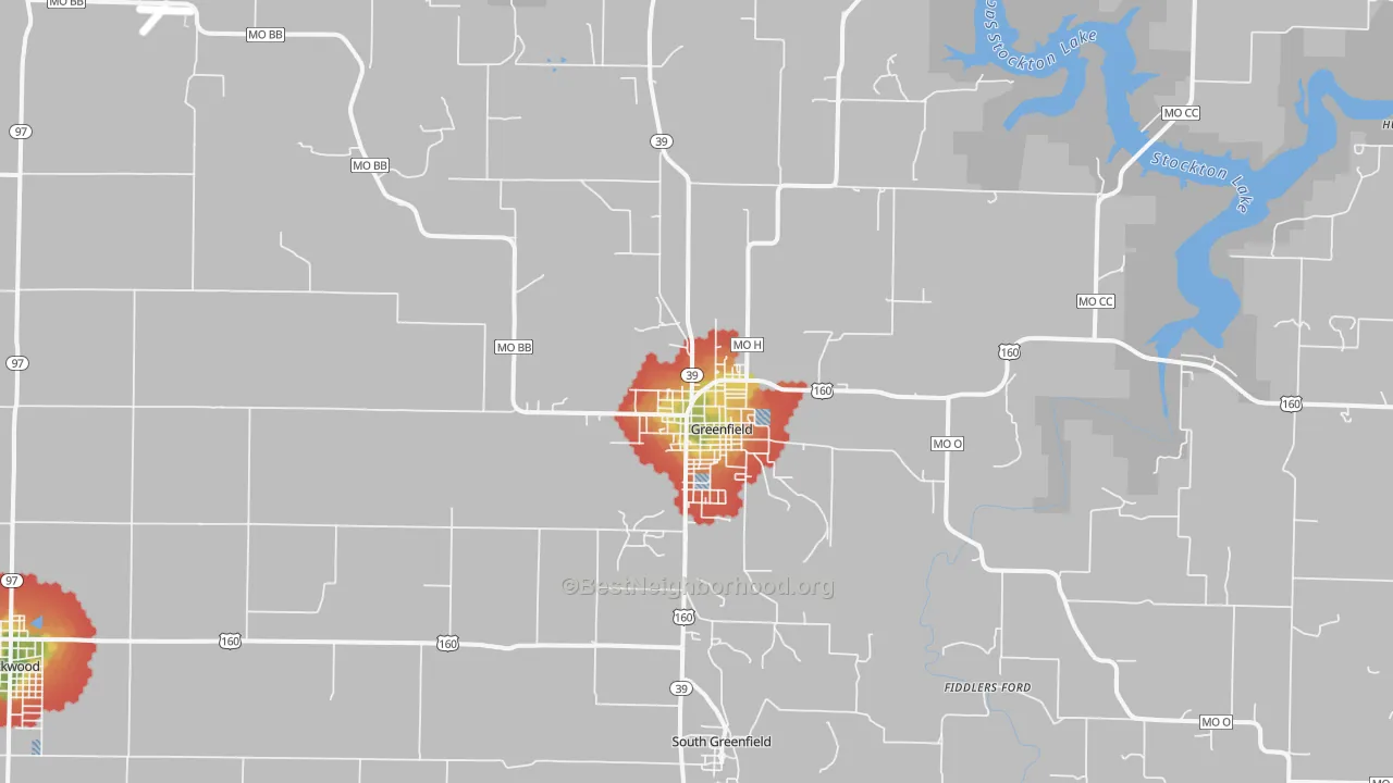 Walk Grade map of Greenfield, MO, walkable areas in green and car-dependent areas in red