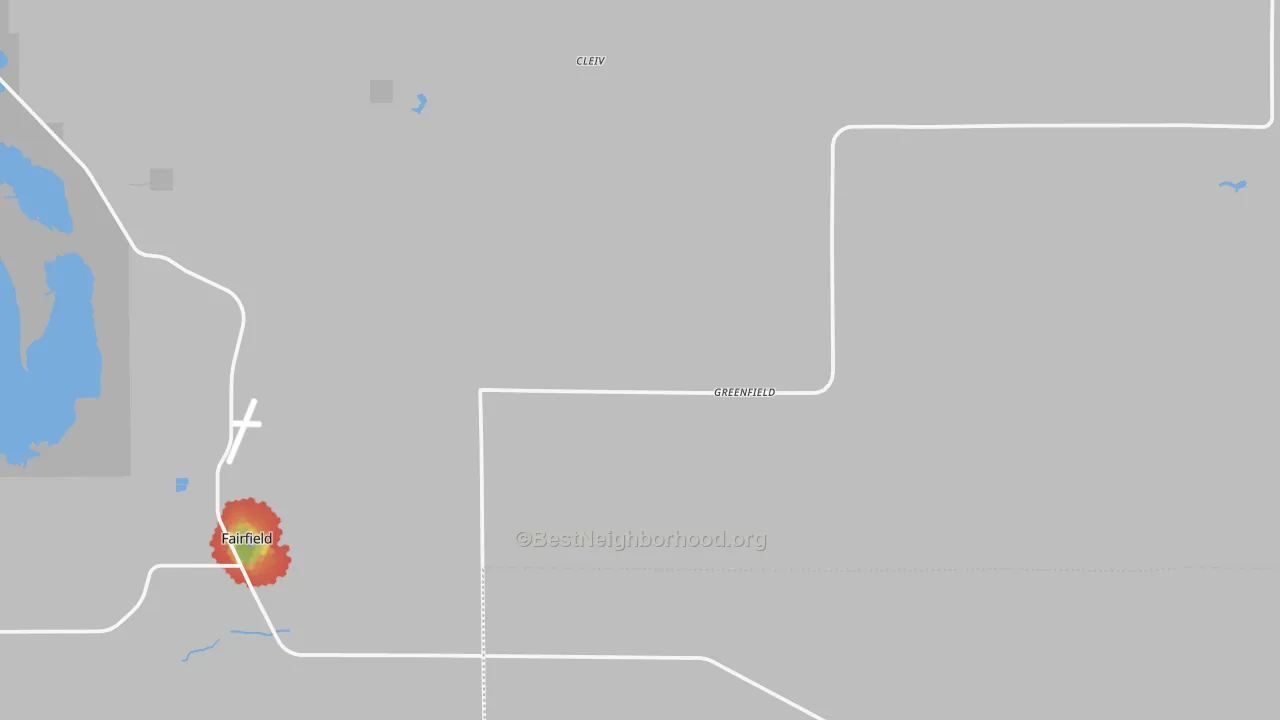 Walk Grade map of Greenfield, MT, walkable areas in green and car-dependent areas in red