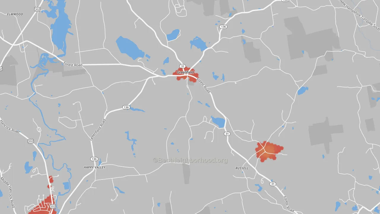 Walk Grade map of Greenfield, NH, walkable areas in green and car-dependent areas in red