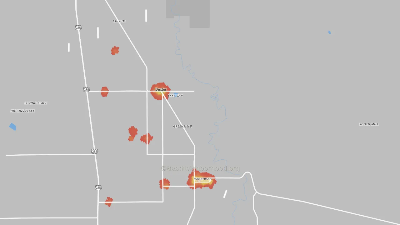 Walk Grade map of Greenfield, NM, walkable areas in green and car-dependent areas in red