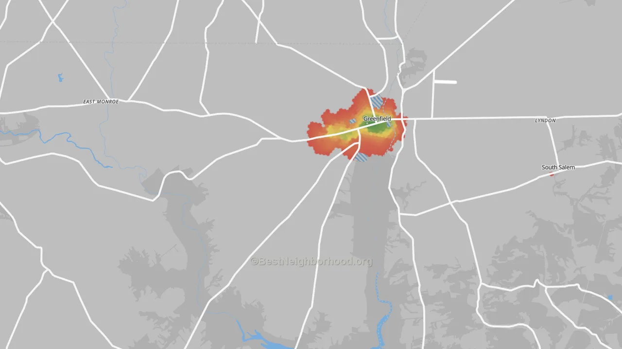Walk Grade map of Greenfield, OH, walkable areas in green and car-dependent areas in red