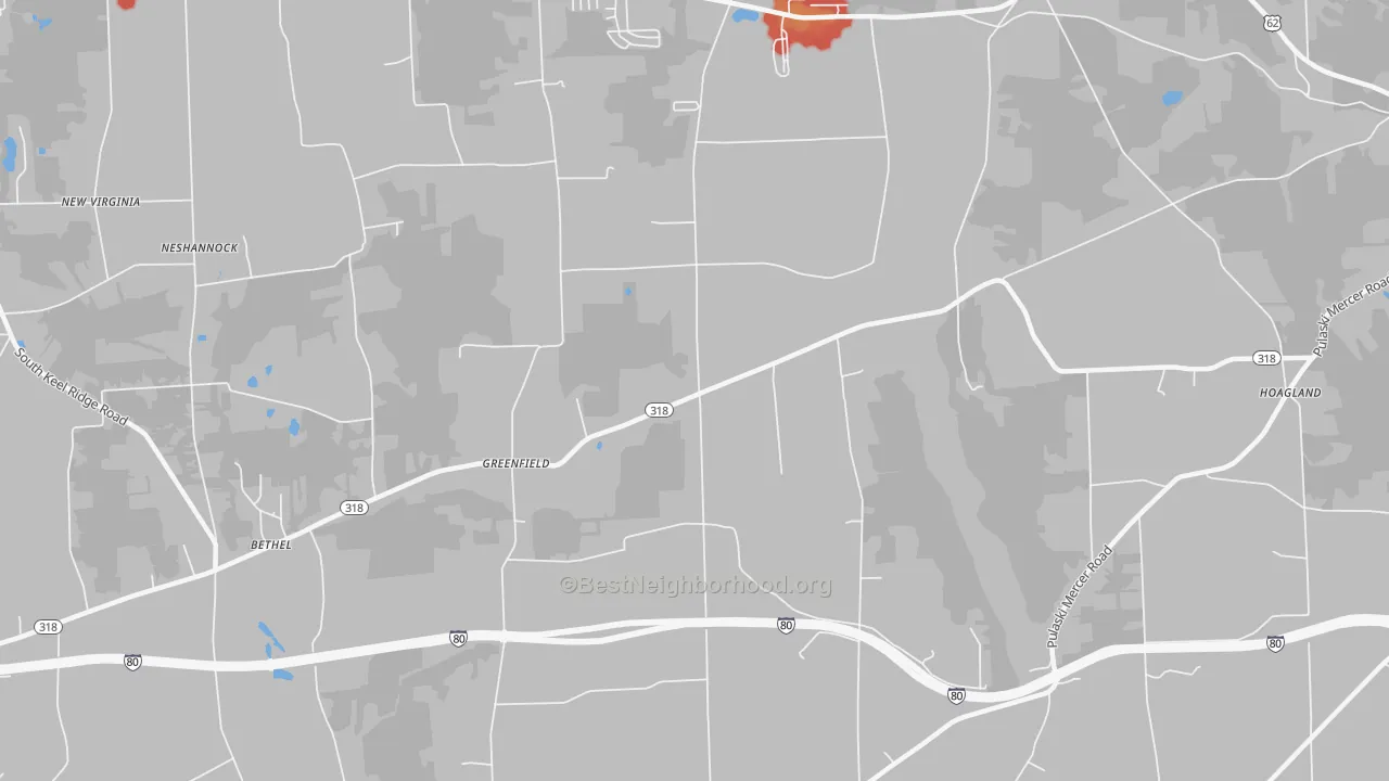 Walk Grade map of Greenfield, PA, walkable areas in green and car-dependent areas in red